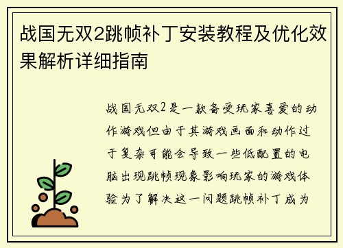 战国无双2跳帧补丁安装教程及优化效果解析详细指南
